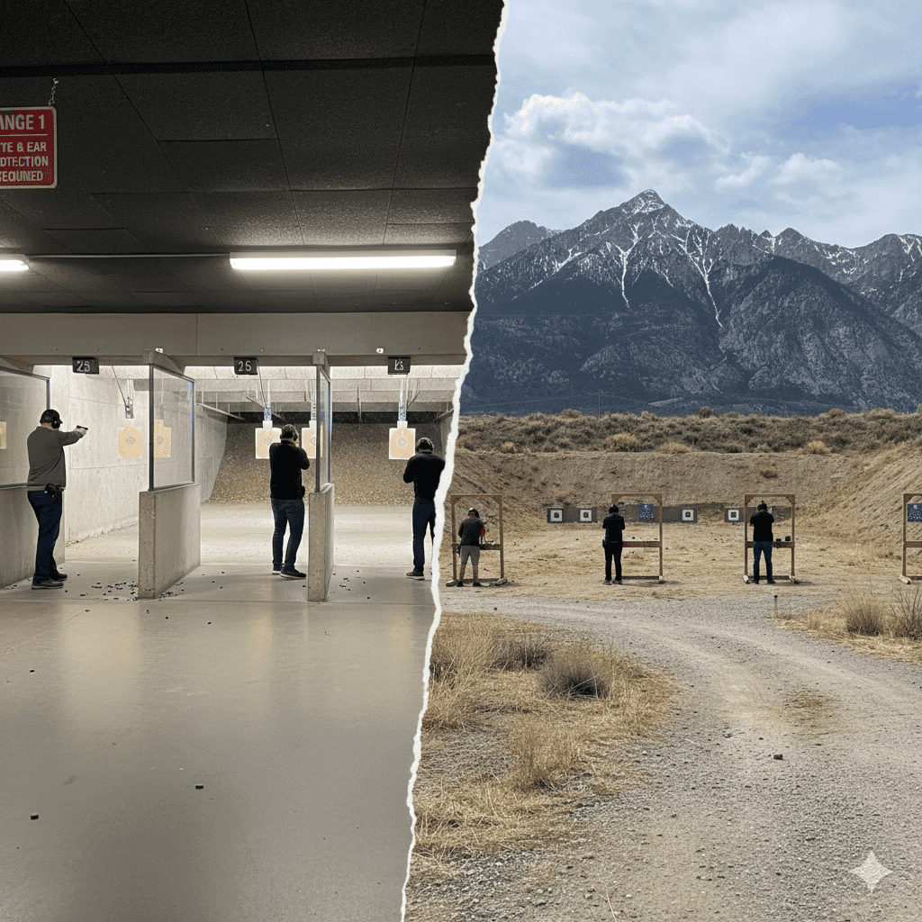 Comparison of indoor and outdoor gun ranges showing enclosed lanes versus open-air shooting facilities